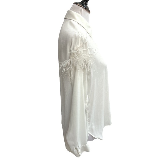 Zara Boa Feather Shoulders Button Down Blouse Off White Size Medium - Picture 3 of 8